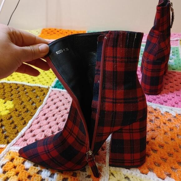 Alias Mae Ahara Bootie EU 36 Plaid Chunky Unique Statement Zipper Red Tartan - Picture 5 of 15